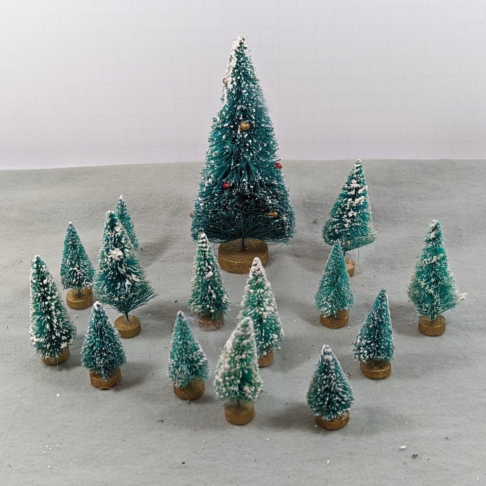 Flocked evergreen trees for holiday village display - set of 15, various sizes